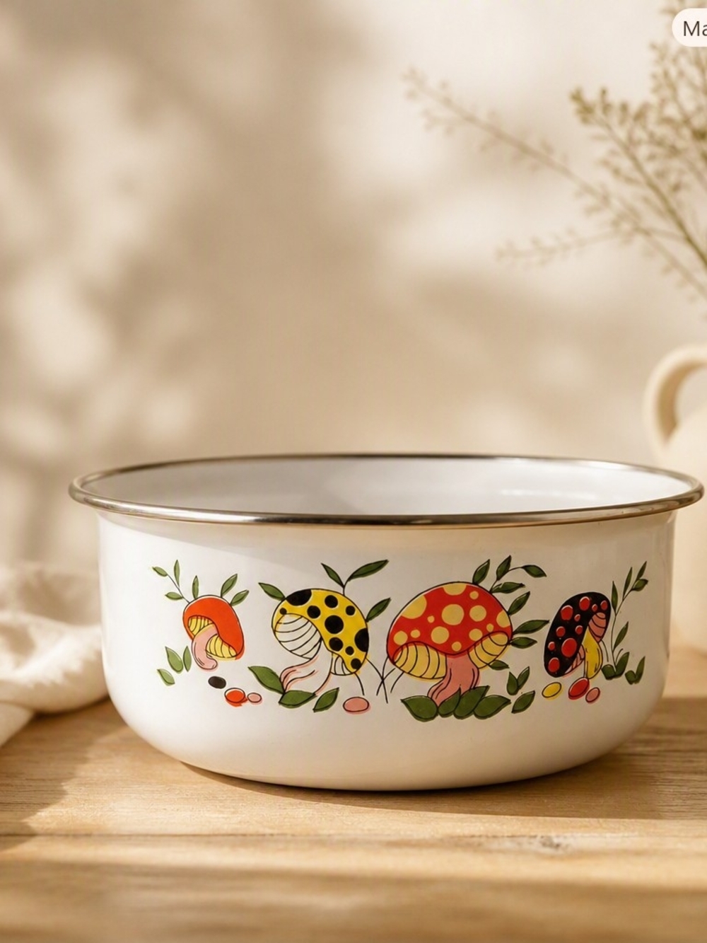 Vintage Mushroom Enamel Bowl - Colorful Cartoon Mushroom Design